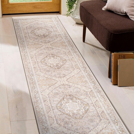 World Rug Gallery Beige Medallion Flat Pile Washable Rug, Pet Friendly, Non-Slip, 2ft 6in x 6ft Runner WR170BEIGE26X6