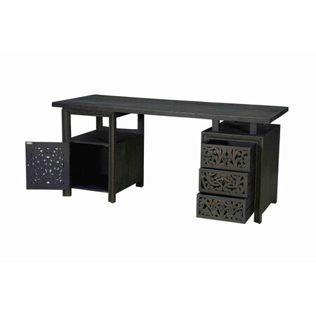 Homeroots 68" Black Solid Wood and Metal Carved Floral Desk With Three Drawers 661245