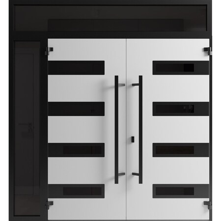 Vdomdoors Front Exterior Prehung Aluminum Double Doors Ronex0131 Grey 1 Sidelight and Top Transom Mirrored RONEX0131DEXD-GRE-W72+14xH96+16-LH-O