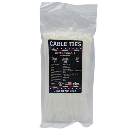 Cable Ties Unlimited Cable Tie, 8 in L, 40 lb Strength, 2.1 in Max Bundle Dia, Nylon 6/6, Natural 100PK US-I8-40-9C