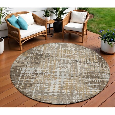 Homeroots 8' Brown And Ivory Round Geometric Washable Indoor Outdoor Area Rug 631995