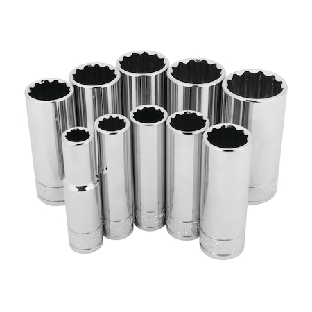 Performance Tool 10 pc. 3/8 in. Dr. Socket Set, 12pt SAE Deep Sockets, Anti-Rounding W38600