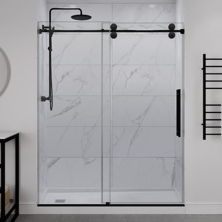 Anzzi 60in x 76in Frameless Shower Door with Sliding in Matte Black with Tsunami Tempered Clear Glass SD-FRLS06102MB