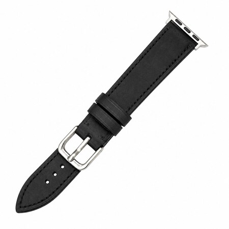 Elegani Leather Band Compatible with Apple Watch 40mm, Black, Silver, Black, Yellow Gold, Rose Gold Buckle SVLTQR-BLK-40