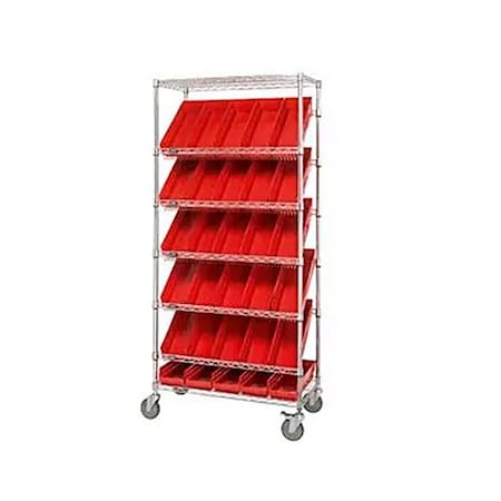 Global Industrial Easy Access Slant Shelf Chrome Wire Cart, 18 4"H Shelf Bins Red, 36Lx18Wx74H 269005RD