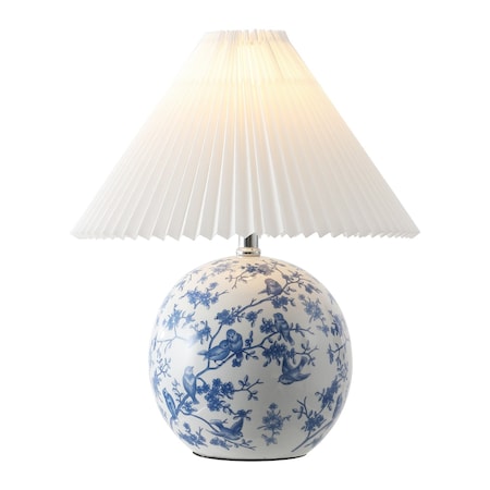 Jonathan Y Shishen 19.5" Cottage Classic Chinoiserie Ceramic Orb LED Table Lamp with Pleated Shade, White/Blue JYL5056B