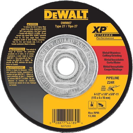 Dewalt Cut-Off & Grinding Wheel, Type 27, 4 1/2 in Dia, 0.125 in Thick, 5/8"-11 Arbor Hole Size, 24 Grit DW8807