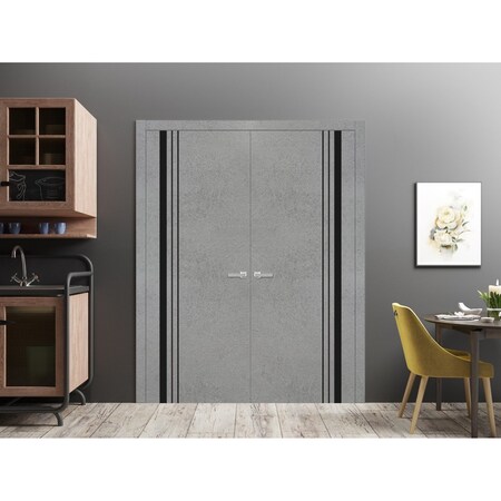 Sartodoors Planum Solid French Double Doors, Planum 0011 Concrete and Aluminum Strips, Wood Solid Panel Frame PLANUM0011DD-BTN-36
