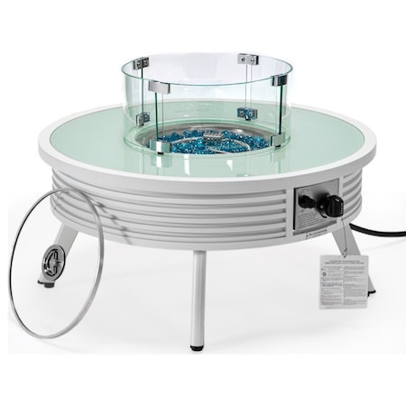 Leisuremod Walbrooke Outdoor Patio Aluminum Round Slats Design Fire Pit Side Table, Lid & Fire Glass, White WWS-29-GL