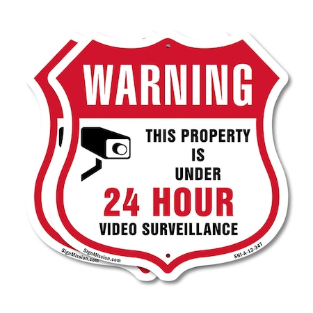 Signmission 24 Hour Surveillance Shield Sign Warning, 12 inch X 12 inch, Plastic Sign, 2PK SHI-P-2PACK-12-347