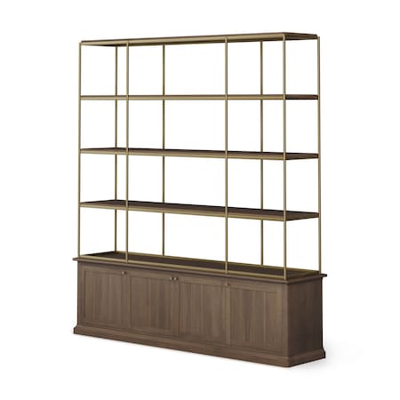 Homeroots 82" Antiqued Brass And Brown Distressed Metal and Solid Wood Four Tier Bookcase with Four Doors 611044