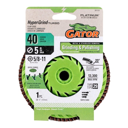 Gator Finishing 5 in. X 5/8-11 in. Sanding Flap Disc, 40 Grit 391119