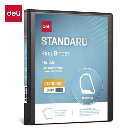 Deli Std Duty View Binder 0.5in, Letter, D-Ring, PVC-Free, Black, 12PK CF566-BK