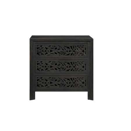 Homeroots 30" Black Solid Wood Distressed Carved Scrollwork Three Drawer Nightstand 569587