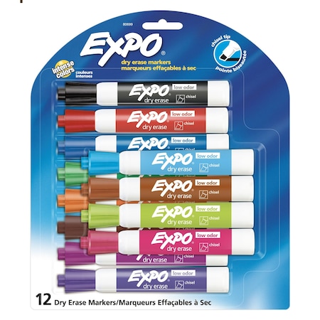 Expo Low Odor Dry Erase Markers, Chisel Tip, Assorted Colors, 12PK 80699