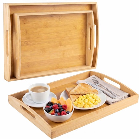Happimess Elora Set of 2 Handcrafted Nesting Bamboo Breakfast Trays with Handles, Natural TRY5001A-2SET