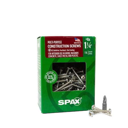 Spax #8 x 1-1/4 in Interior Wood Metal Screws Cabinet Pan Head Phillips Square Unidrive, 200PK 4111010400324