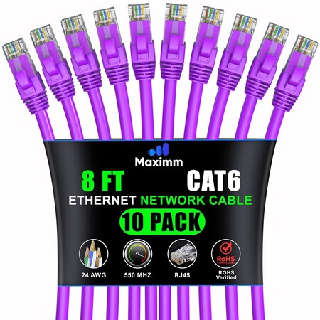 Maximm Cat6 Ethernet Cable 8ft 10Gbps 550MHz UTP, 10PK, Purple, 10PK CAT6-CCA-8FTPURPLE-10PK