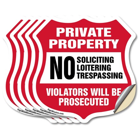 Signmission Private Property Shield Sign No Soliciti, 6 inch X 6 inch, Vinyl Decal, 5PK SHI-D-5PACK-6-452
