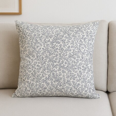 Homeroots 22" Cream And Indigo Botanical Linen Throw Pillow Cover with Embroidery 608207