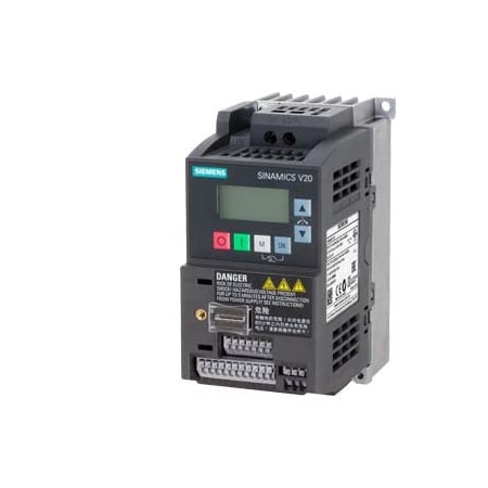 Siemens SINAMICS V20 200-240V 1AC -10/+10% 47-63Hz rated power 0.75 kW with 6SL3210-5BB17-5BV1