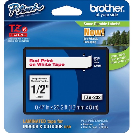 Brother Label/Ribbon Cartridge, White, Gloss, 1/2 in W TZE232G