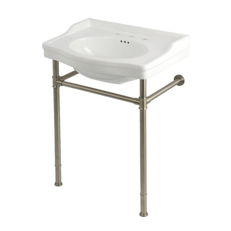 Kingston Brass 30" Ceramic Console Sink with Stainless Steel Legs, 8-Inch, 3-Hole, White/Brushed Nickel KVPB30229W88