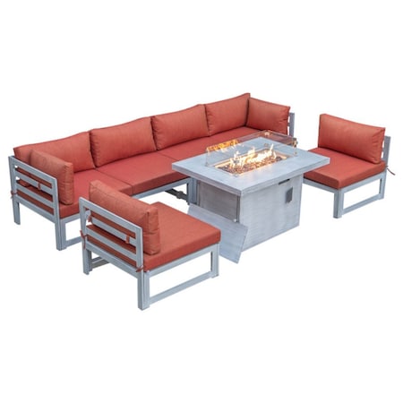Leisuremod Chelsea 7-Piece Patio Sectional And Fire Pit Table Weathered Grey Aluminum With Orange Cushions CSFWGR-7OR