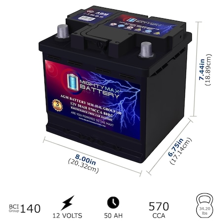 Mighty Max Battery MM-H4L Start and Stop Car BCI Group Size 140 12V 50 AH, 80RC, 570 CCA Rechargeable AGM Car Battery MAX4155827