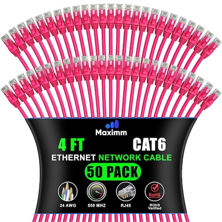 Maximm Cat6 Ethernet Cable 4ft 10Gbps 550MHz UTP, 50PK, Pink, 50PK CAT6CCA-4PN-50PK