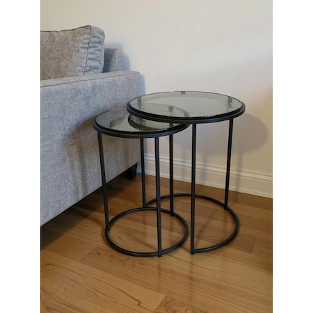 Homeroots Set of Two Clear and Gunmetal Glass and Iron Round Frame Nested Tables 632713
