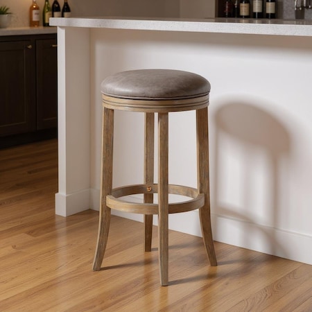 Homeroots 31" Stone and Oak Faux Leather and Solid Wood Backless Bar Height Swivel Bar Chair 632415