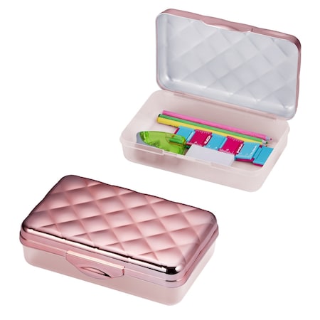Lockermate By Bostitch Metallic Pencil Case Box, Hard Plastic, Stylish Quilted-Pattern Lid, Rose Gold 23130-RG21-DM