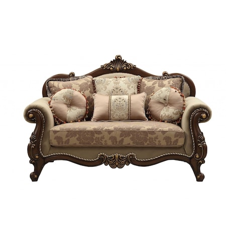 Homeroots 69in Beige and Gold And Brown Velvet Paisley Loveseat and Toss Pillows 347246