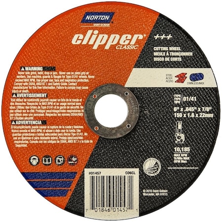 Norton Clipper Abrasive Cut-Off Wheel, Type 1, 6 in Dia, 0.045 in Thick, 7/8 in Arbor Hole Size, Aluminum Oxide 70184601457