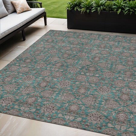 Homeroots 5' X 8' Teal Blue Beige And Taupe Floral Washable Indoor Outdoor Area Rug 582309