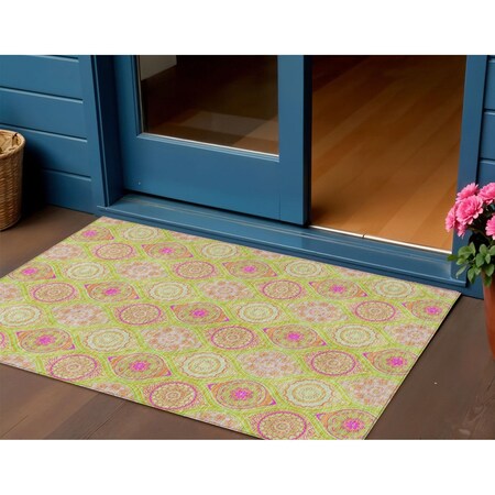 Homeroots 3' X 5' Lime Green Pink And Ivory Floral Medallion Washable Indoor Outdoor Area Rug 614599