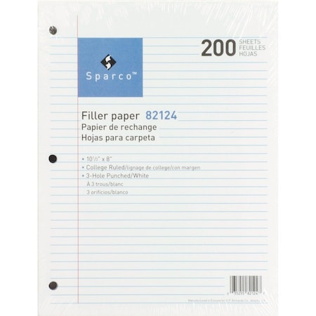Sparco Notebook Filler Paper, 8" x 10-1/2", College Ruled, White, 200 Sheets/Pack 82124