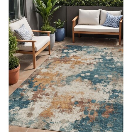 Homeroots 5' X 8' Teal Blue And Copper Abstract Washable Indoor Outdoor Area Rug 631976