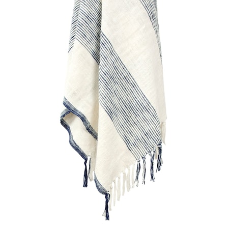 Homeroots 50" X 60" Blue And Ivory Cotton Woven Striped Throw Blanket with Fringe 518832