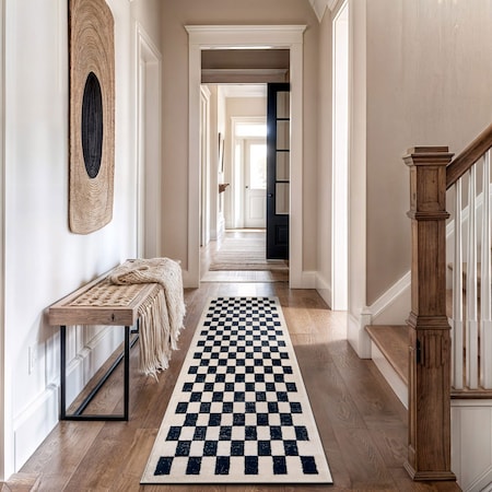 World Rug Gallery Contemporary Checkered Runner Rug 2 ft 3 in x 12 ft Black WR102BLACK2X12