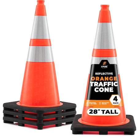 Xpose Safety Traffic Safety Cone, 28 in, PVC, Dual 6 in & 4 in Reflective Collar, DOT Approved, Orange, 4 pk OTC28-64-4-X-S