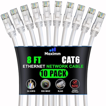 Maximm Cat6 Ethernet Cable 8ft 10Gbps 550MHz UTP, 10PK, White, 10PK CAT6CCA-8WH-10PK