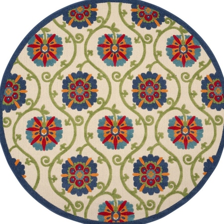 Homeroots 8' Navy Blue Beige Green Blue And Red Round Floral Indoor Outdoor Area Rug 546784