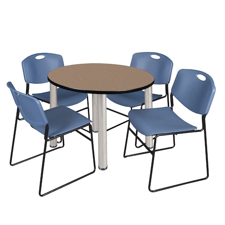 Regency Round Kee Breakroom Table W/ 4 Zeng Stack Chairs, 36 in W, 36 in L, Noble Oak TB36RNDNOBPCM44BE