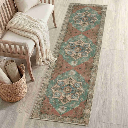 Jonathan Y Sersi Ornate Large Medallion Border Non-Slip Machine-Washable Green/Brown 2 ft. x 8 ft. Runner Rug WSH505D-28