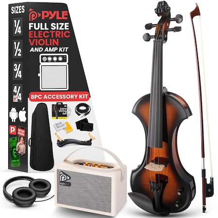 Pyle 4/4 Silent Electric Violin with Amplifier Kit, Solid Wood Fiddle with 10W Amp and Complete PEGVLNKT4010