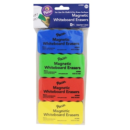 Pacon Magnetic Chalk & Whiteboard Eraser, 4 Assorted Colors, 2-1/4" x 4-1/4", 4 Erasers, 4PK PAC2083