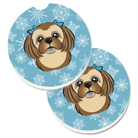 Carolines Treasures Snowflake Chocolate and Brown Shih Tzu Set of 2 Cup Holder Car Coaster BB1683CARC