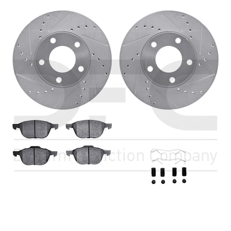 Dynamic Friction Co DFC Rotors-Drilled & Slotted-Silver w/ EURO 5000 Ceramic Brake Pads Incl Hdw 7612-80002